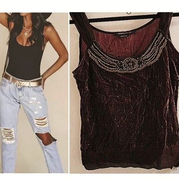 Y2K BCBGMaxAzria Crushed Velvet Top Sz M Brown Beaded Camisole Boho Festival VNT - Picture 16 of 16